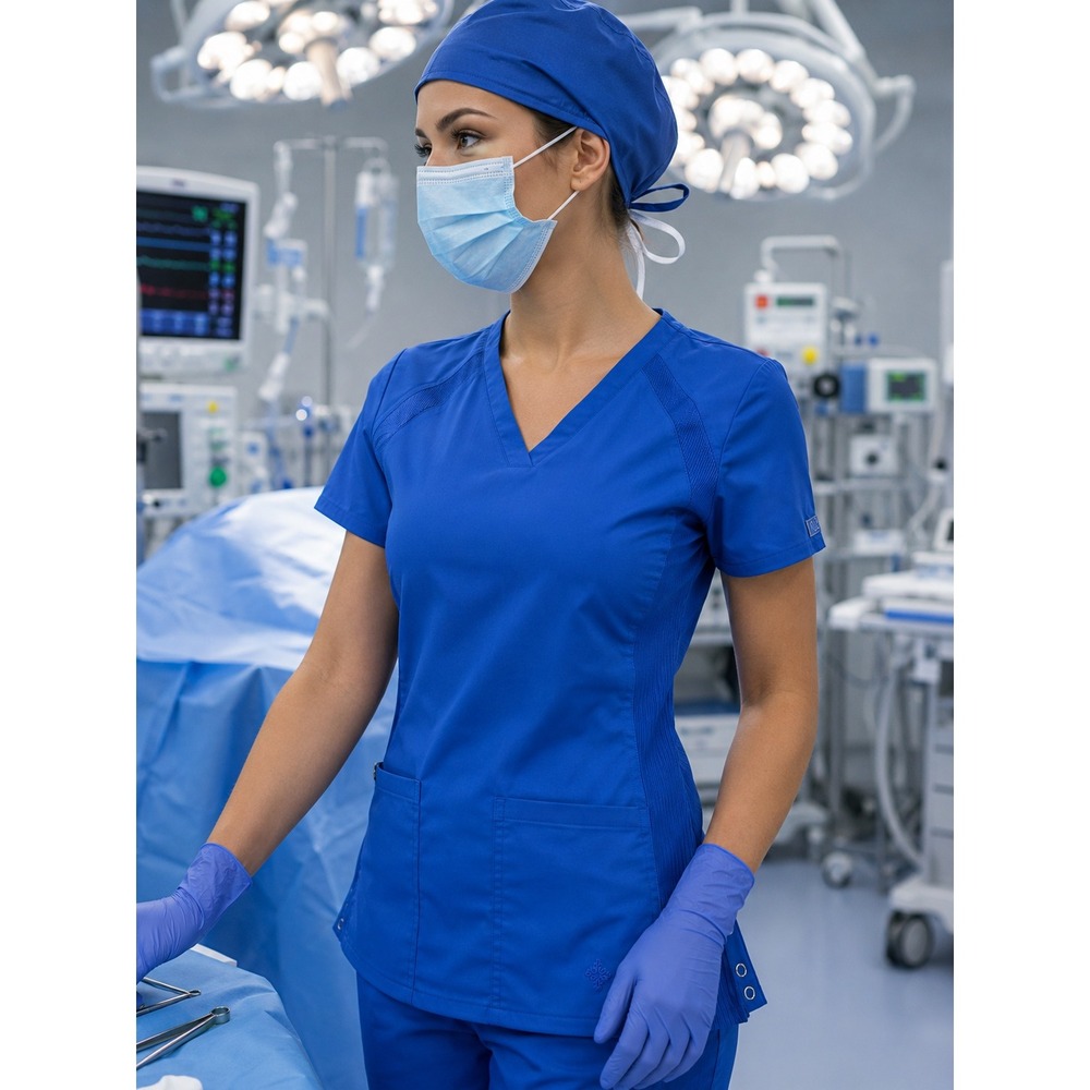 Med Couture Peaches Scrub Top Royal Blue V-Neck Rib Knit‎ Side Panels SZ Small